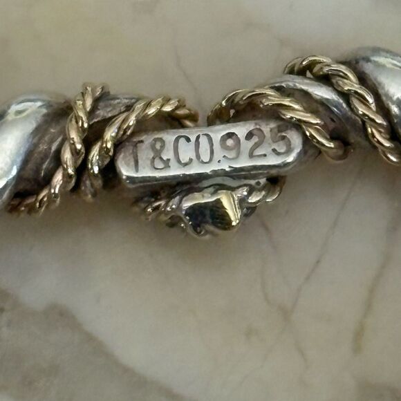 Tiffany & Co 18K Gold & 925 Sterling Silver Twisted Rope Open Heart Necklace 20” - Picture 7 of 13